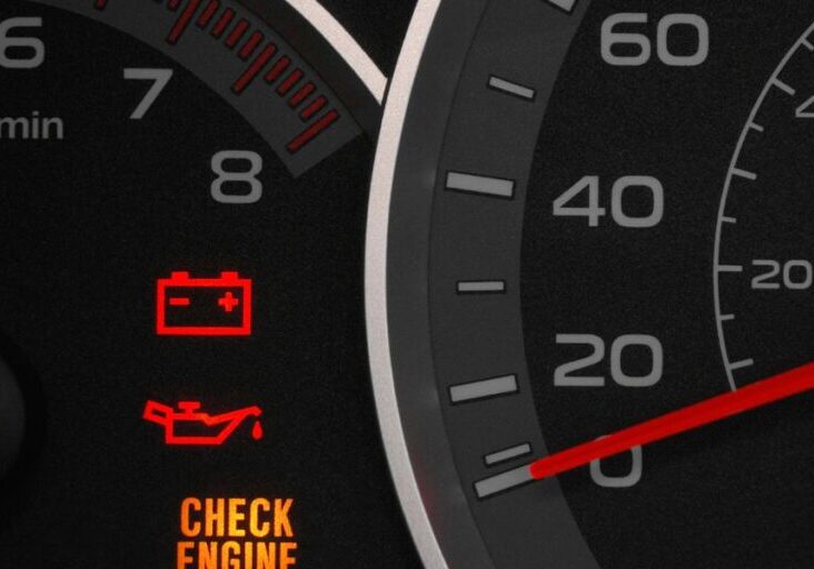 a car dashboard with a check engine light on it