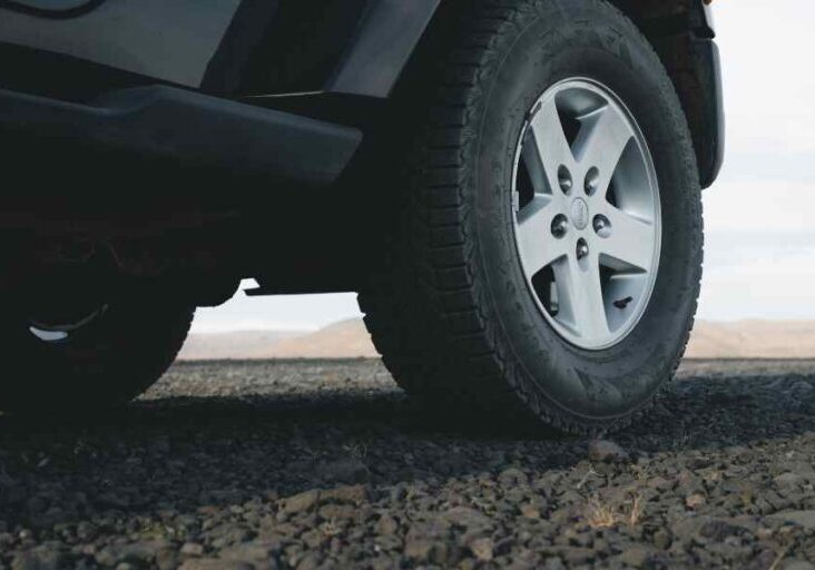 The image shows a close-up of a vehicle's tire on rough, rocky terrain, likely depicting off-road capability.